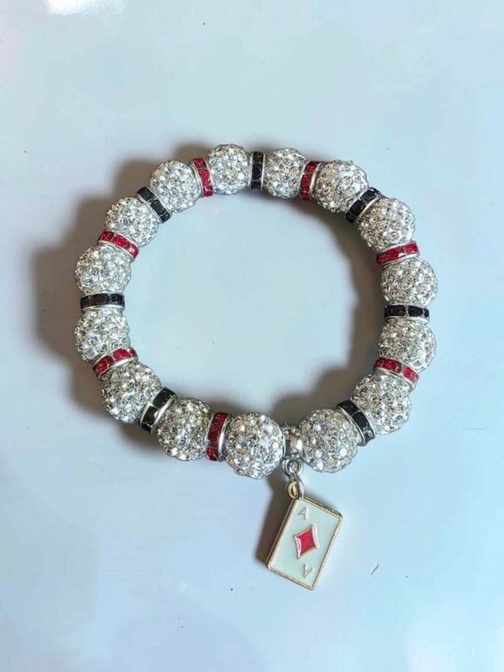 Ace of Diamonds Playing Card Crystal Disco Ball Beaded Stretch Bracelet